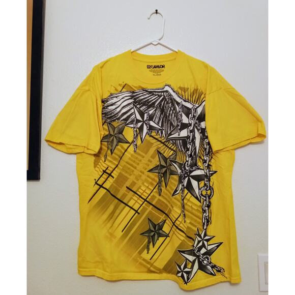 VTG Y2K Carbon Graphic Tee Yellow Nautical Star Emo Grunge Skate Streetwear XL - Picture 1 of 7